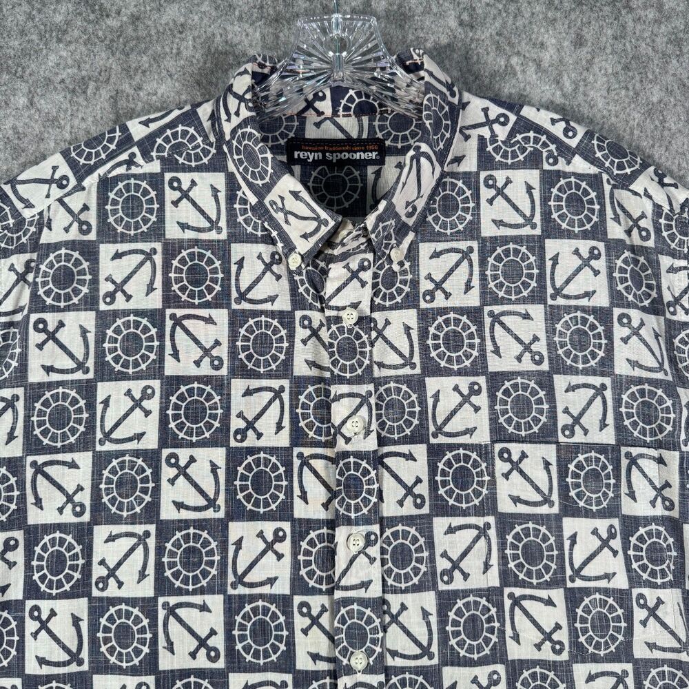 Reyn Spooner Shirt Mens Size 2XL Blue Hawaiian Short Sleeve Anchor Linen Blend